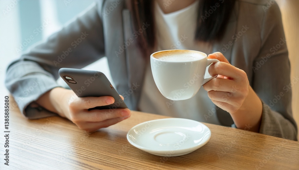 A person drinking coffee while using a smartphone in a cafe A person drinking coffee while using a smartphone in a cafe