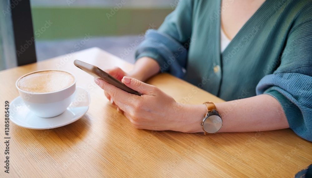 A person drinking coffee while using a smartphone in a cafe A person drinking coffee while using a smartphone in a cafe