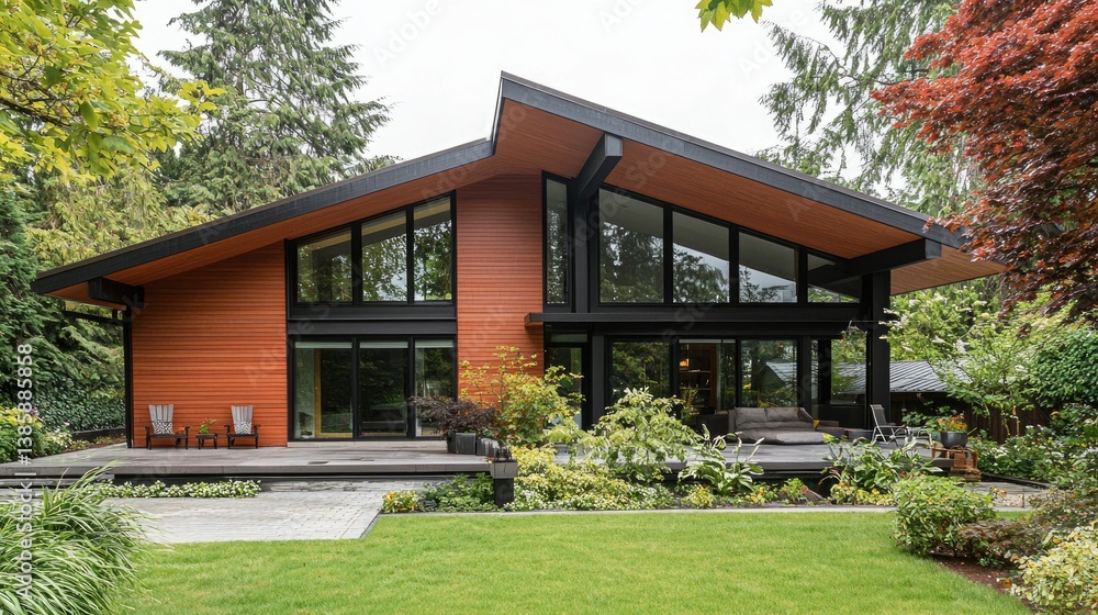 A stylish, high-end home with a geometric design, panoramic windows, and an inviting front yard, perfect for modern living. A stylish, high-end home with a geometric design, panoramic windows, and an inviting front yard, perfect for modern living.