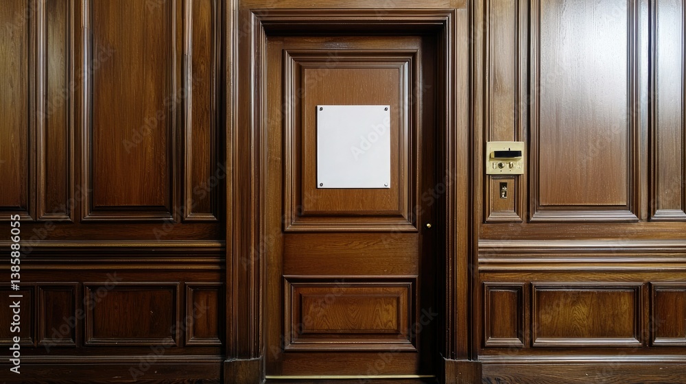 A stylish hotel suite entrance with a blank white door hanger, set against a luxurious wooden finish. A stylish hotel suite entrance with a blank white door hanger, set against a luxurious wooden finish.