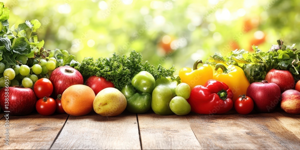 Fresh Vegetables Fruits Assortment on Wooden Table with Blurred Green Background Fresh Vegetables Fruits Assortment on Wooden Table with Blurred Green Background