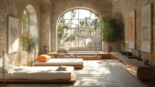 Sunlit spa room with stone walls, arched window, and wooden platform beds.