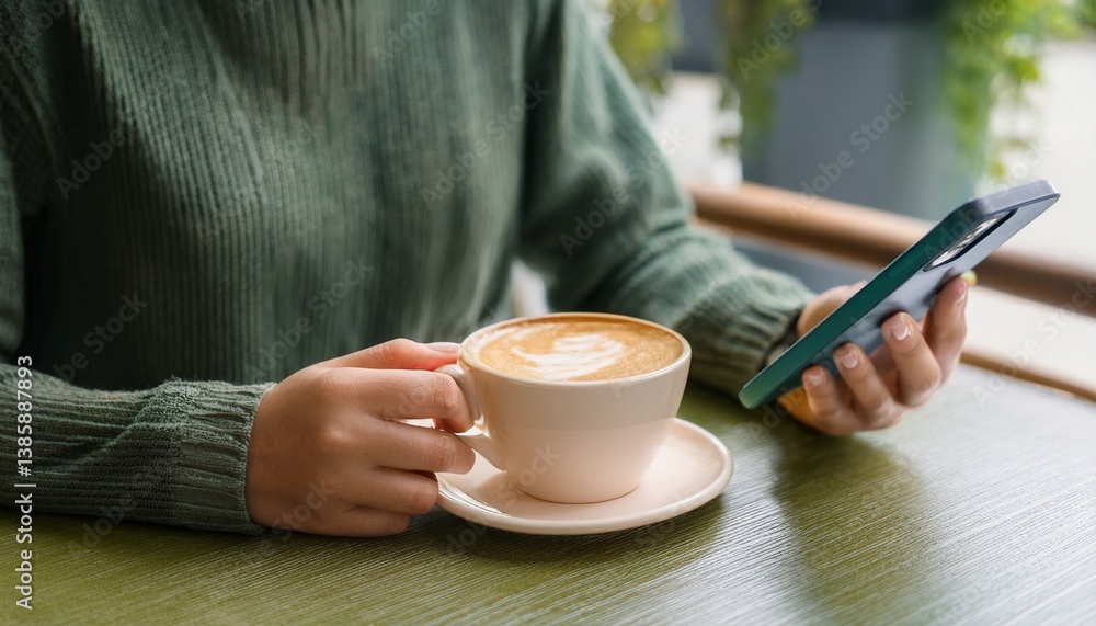 A person drinking coffee while using a smartphone in a cafe A person drinking coffee while using a smartphone in a cafe