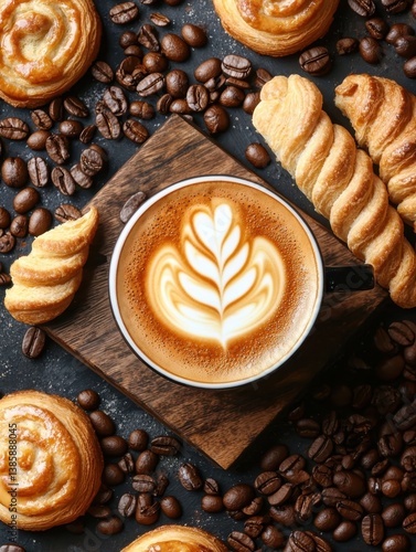 A beautifully arranged coffee cup with latte art surrounded by fresh pastries and coffee beans on a rustic wooden board.