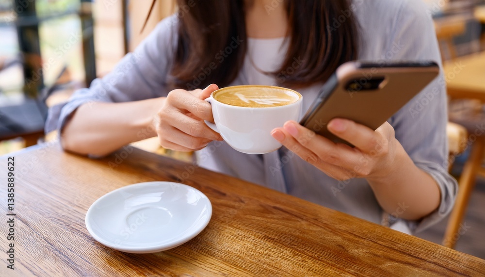 A person drinking coffee while using a smartphone in a cafe A person drinking coffee while using a smartphone in a cafe