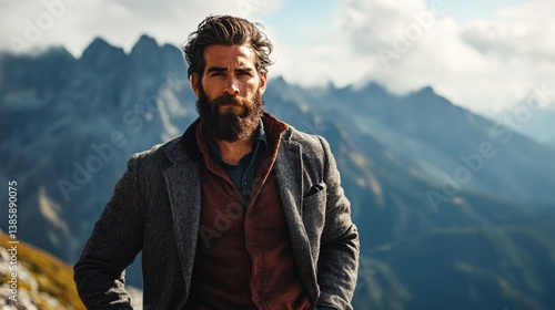 Hiker with a beard pauses to pose for a break in the mountains