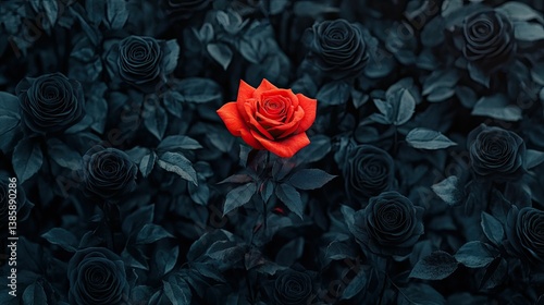 A vibrant red rose standing out among dark black roses, symbolizing uniqueness and individuality in a dramatic and elegant floral composition.