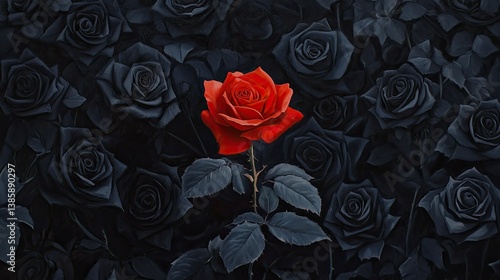 A vibrant red rose standing out among dark black roses, symbolizing uniqueness and individuality in a dramatic and elegant floral composition.
