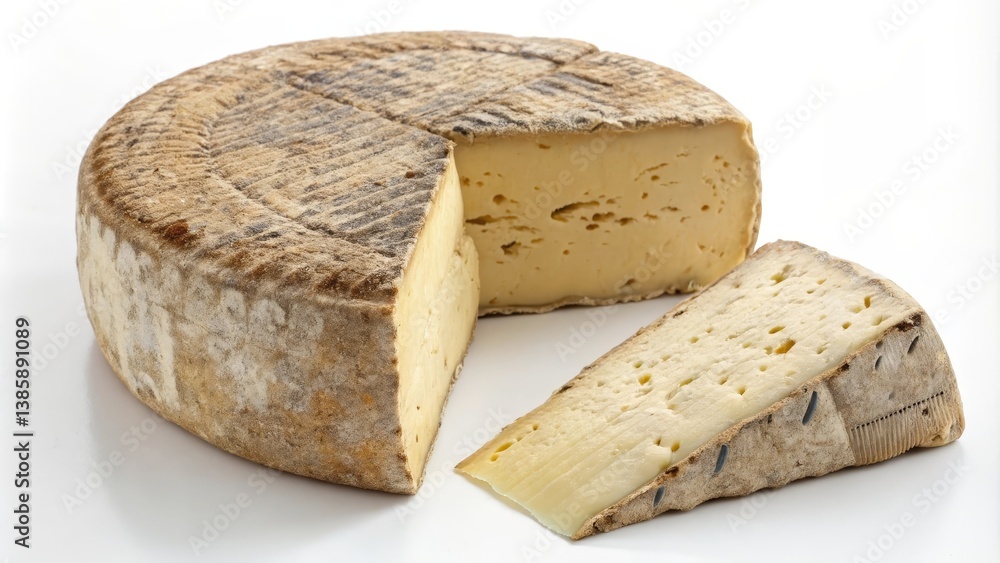 Casu Marzu cheese wedge with rustic texture and creamy interior, isolated on a white background, showcasing its unique imperfections and aged rind details Casu Marzu cheese wedge with rustic texture and creamy interior, isolated on a white background, showcasing its unique imperfections and aged rind details