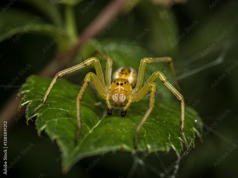 Fototapeta premium Close-Up Photograph of a Small Yellow Spider on a Green Leaf