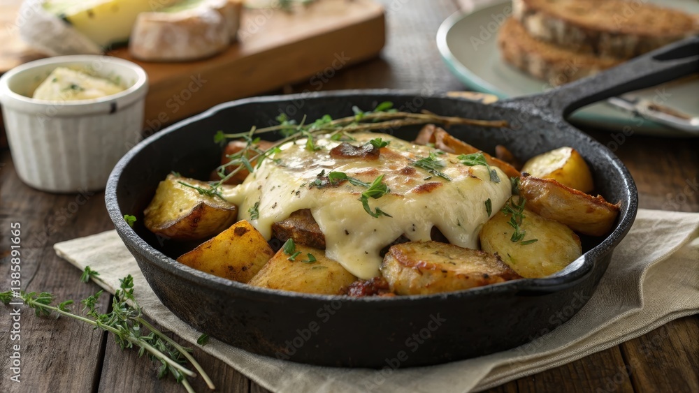 Melted Morbier cheese over roasted potatoes in rustic skillet, garnished with fresh herbs, served on wooden table with soft lighting to highlight appetizing texture Melted Morbier cheese over roasted potatoes in rustic skillet, garnished with fresh herbs, served on wooden table with soft lighting to highlight appetizing texture