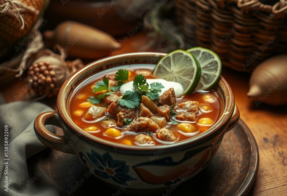 Warm and inviting Posole Soup in a rustic bowl Warm and inviting Posole Soup in a rustic bowl