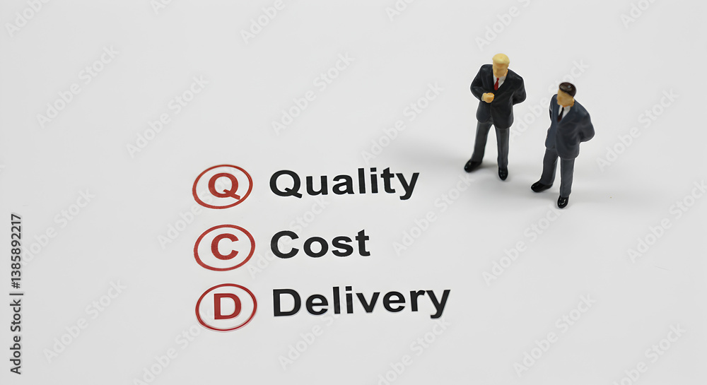 Miniature Business Men Inspecting Quality Cost Delivery Checklist on White Background Miniature Business Men Inspecting Quality Cost Delivery Checklist on White Background