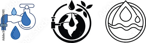 Water Conservation Symbols Tap, Globe, and Water Cycle Icons