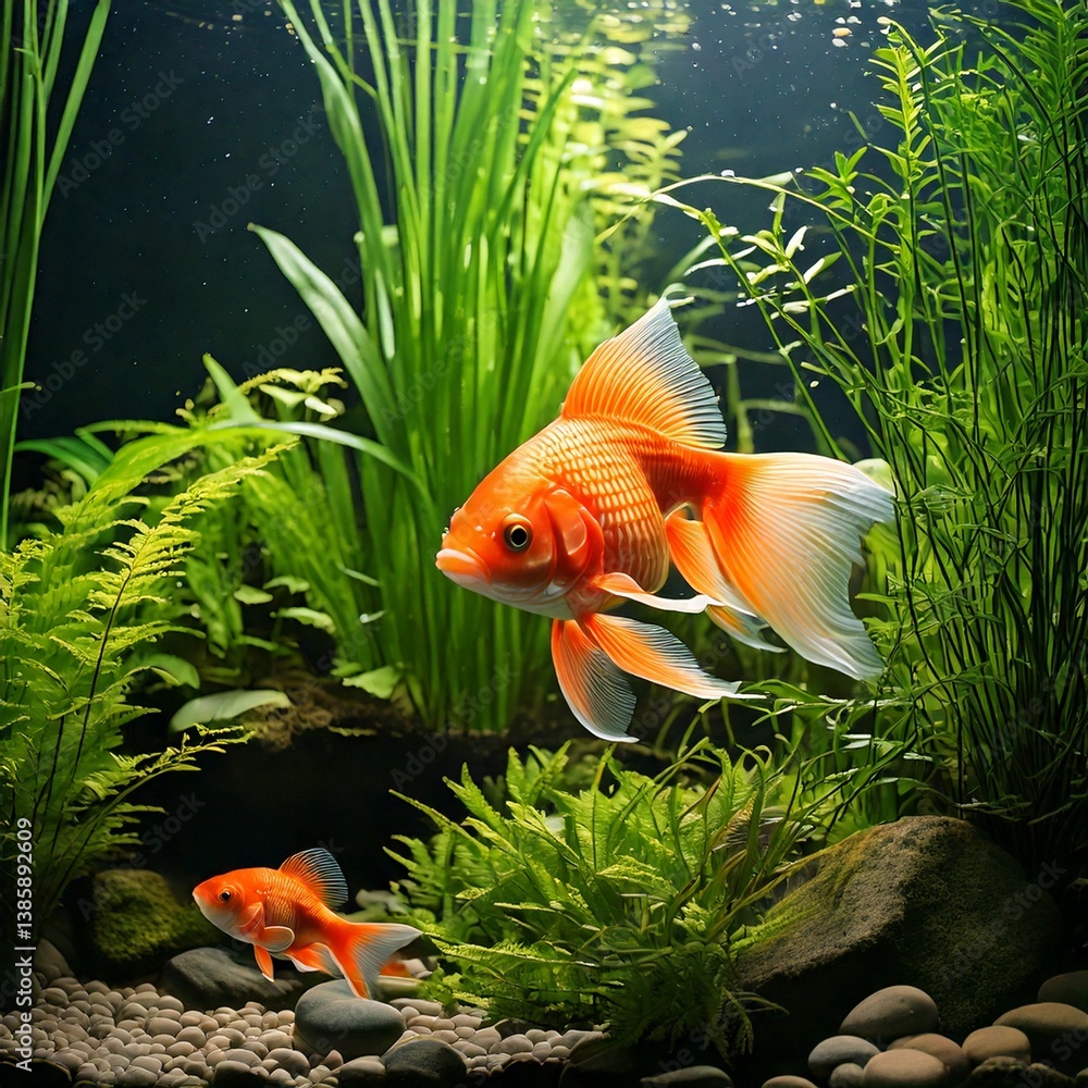 goldfish in aquarium in pond plants
