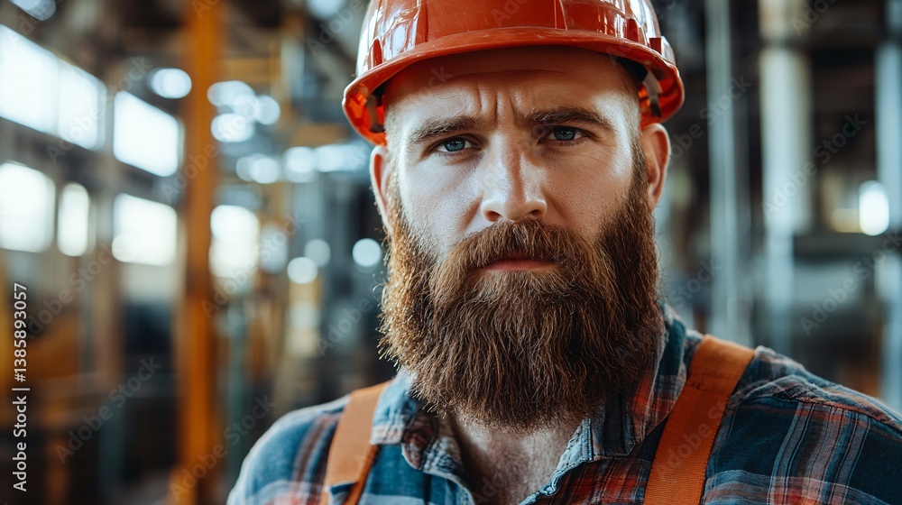 Factory portrait: construction worker in hard hat standing at work Factory portrait: construction worker in hard hat standing at work