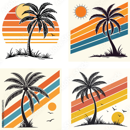 PrintA palm tree silhouette on retro stripes with a sun background
