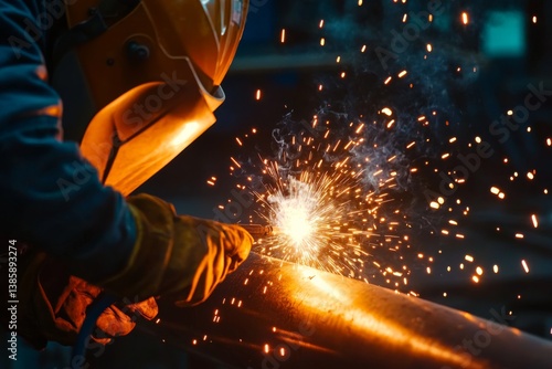 A construction worker welding pipes together at a site. Featuring skill and focus