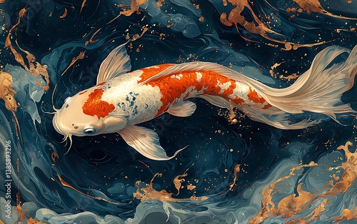 Japanese koi fish swimming in blue water with gold accents