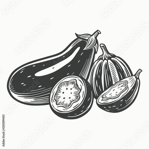 Fresh purple eggplant. Elegant Eggplant Illustrations in Vector Hand Drawn Illustration Isolated On Transparent Background