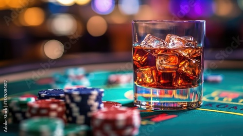An elegant whiskey tumbler with ice sits on a casino roulette table, with scattered gambling chips around it, symbolizing luck and fortune.