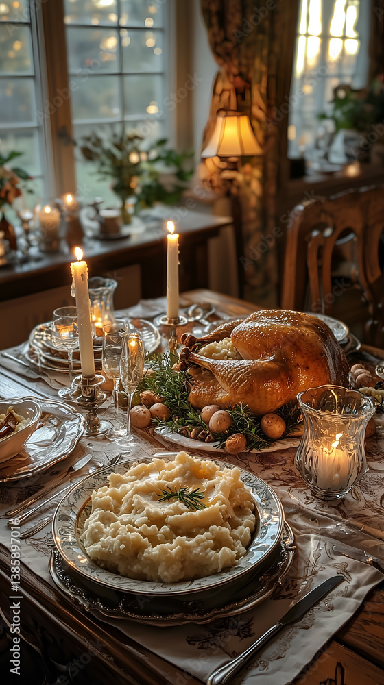 Fototapeta premium Thanksgiving Dinner Table Setting with Roasted Turkey & Seasonal Decor: Capturing the Essence of a Holiday Feast