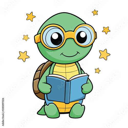 Cute Cartoon Turtle Reading a Book Smart Little Tortoise with Glasses Surrounded by Stars – Kids Educational Vector Art