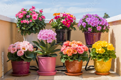 Wallpaper Mural Colorful Potted Flowers On Balcony Display Under Blue Sky Torontodigital.ca