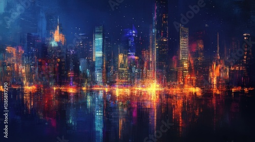 Wallpaper Mural A dazzling abstract cityscape bursts with neon lights reflecting off the water under a deep night sky Torontodigital.ca
