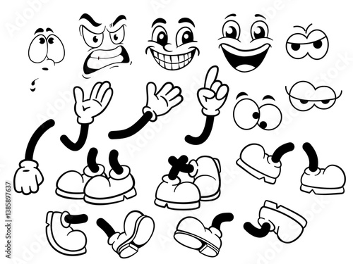 Set of 70s groovy comic vector. Collection of cartoon character faces, leg, hand in different emotions happy, angry, sad, cheerful. Cute retro groovy hippie illustration for decorative, sticker.