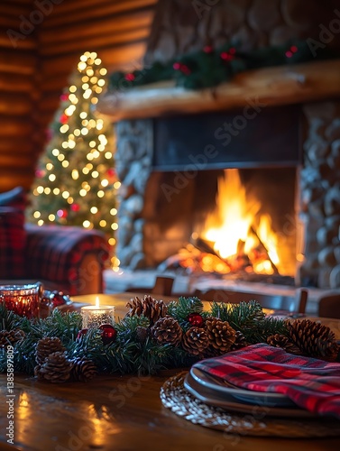 Rustic Christmas dinner in a cozy log cabin by the fireplace