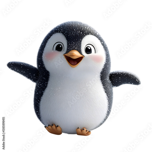 A Fluffy 3D Cartoon Penguin Sliding on Ice Isolated on Transparent Background