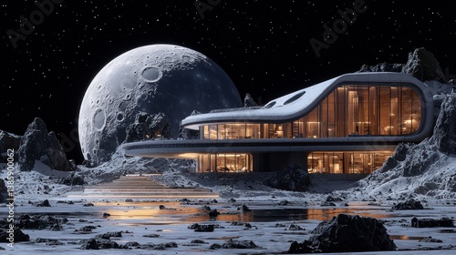 Futuristic lunar house with moon backdrop.