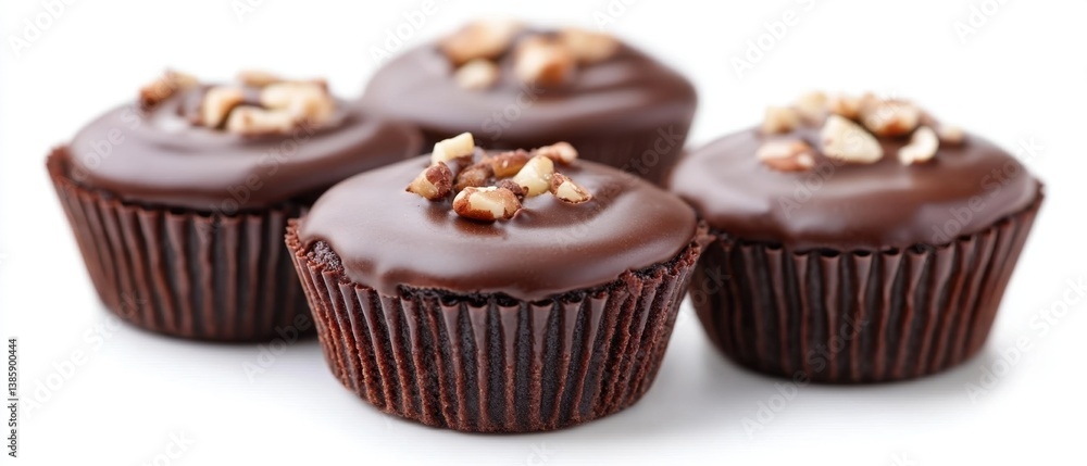 Delicious Chocolate Cupcakes with Nut Topping on White Background Perfect for Dessert and Celebration Themes Delicious Chocolate Cupcakes with Nut Topping on White Background Perfect for Dessert and Celebration Themes
