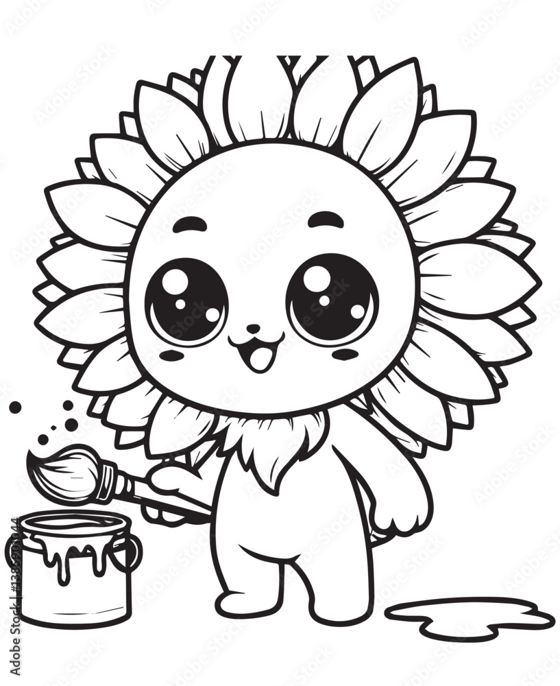 Fototapeta premium Coloring book sunflower character with big, sparkling eyes, holding a paintbrush and standing next to a bucket of paint
