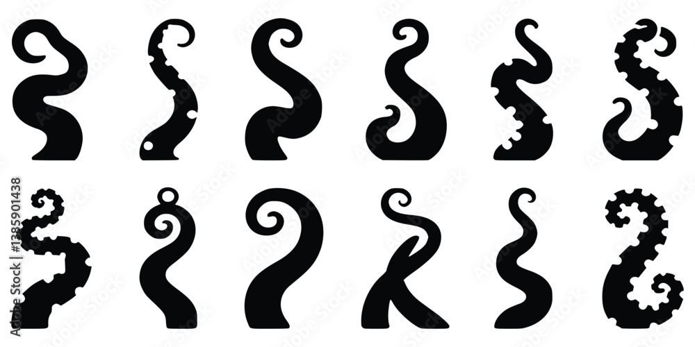 Collection Of Black Silhouette Octopus Tentacles With Different Shapes And Sizes On White Collection Of Black Silhouette Octopus Tentacles With Different Shapes And Sizes On White
