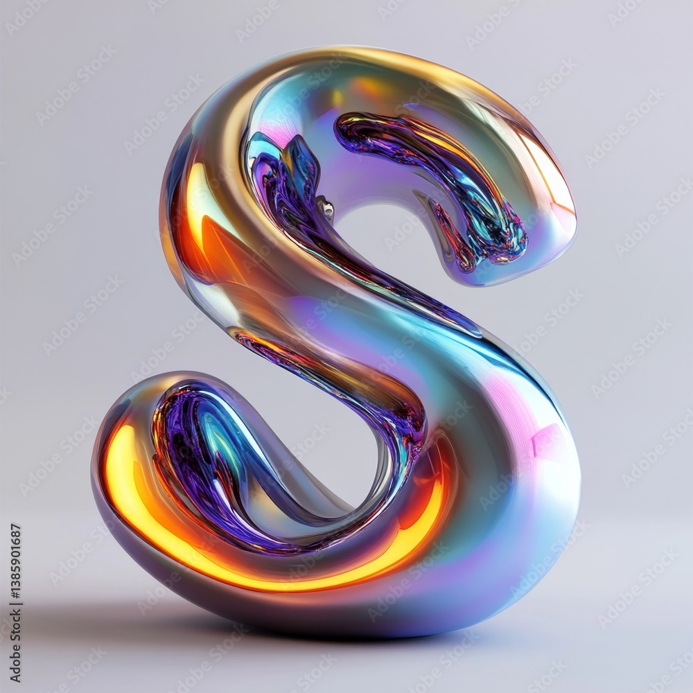 3D iridescent letter S, studio, smooth curves, vibrant colors 3D iridescent letter S, studio, smooth curves, vibrant colors