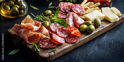 Italian antipasto platter with salami, cheese and olives Wooden board with assorted cured meats, green olives, hard cheese, breadsticks and herbs on a dark rustic background