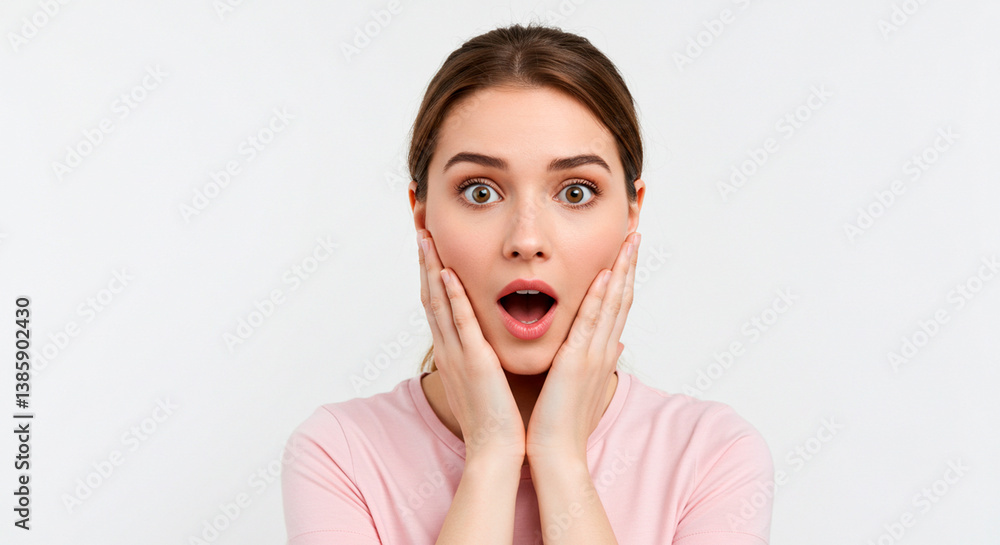 A young woman exhibits an expression of astonishment, her eyes wide and mouth agape, hands on her cheeks against a plain white background. A young woman exhibits an expression of astonishment, her eyes wide and mouth agape, hands on her cheeks against a plain white background.