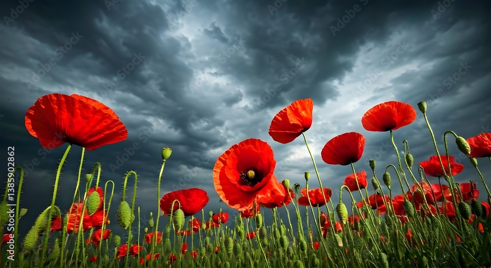 Obraz premium Vibrant poppies against a dark stormy sky.jpg