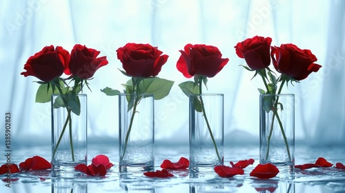 Elegant red roses in minimalist glass vases, surrounded by delicate petals on a pastel blue surface, creating a serene atmosphere.