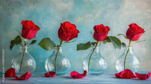 Elegant red roses in minimalist glass vases, surrounded by delicate petals on a pastel blue surface, creating a serene atmosphere.
