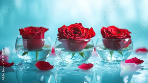 Elegant red roses in minimalist glass vases, surrounded by delicate petals on a pastel blue surface, creating a serene atmosphere.