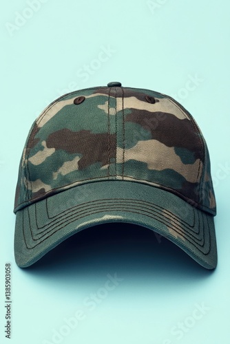 Camouflage Cap on Light Blue Background Close Up Capturing the Patterned Design and Casual Style for Fashion Accessories and Outdoor Gear
