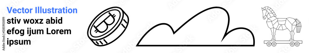 Bitcoin coin design, simplified cloud graphic, and a Trojan horse element. Ideal for technology, blockchain, cloud computing, cybersecurity, financial tech, virtual assets simple landing page Bitcoin coin design, simplified cloud graphic, and a Trojan horse element. Ideal for technology, blockchain, cloud computing, cybersecurity, financial tech, virtual assets simple landing page