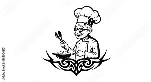 Elderly chef happily cooking a meal in a vintage style  