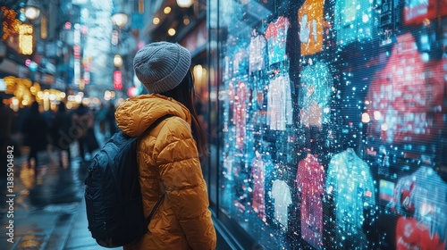 Woman admiring clothes in a city shop window at night.