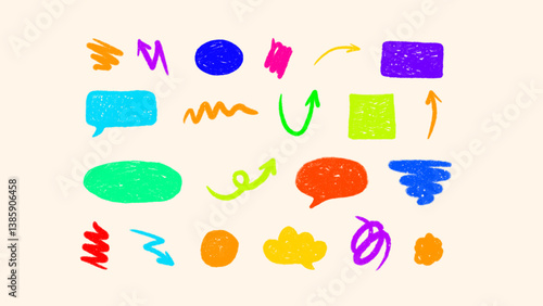 Vintage sketch collection of lines, arrows, brush textures, thought icons, and text frames. Fun, imperfect, naive style inspired by kindergarten art — perfect for quotes, notes, and playful layouts