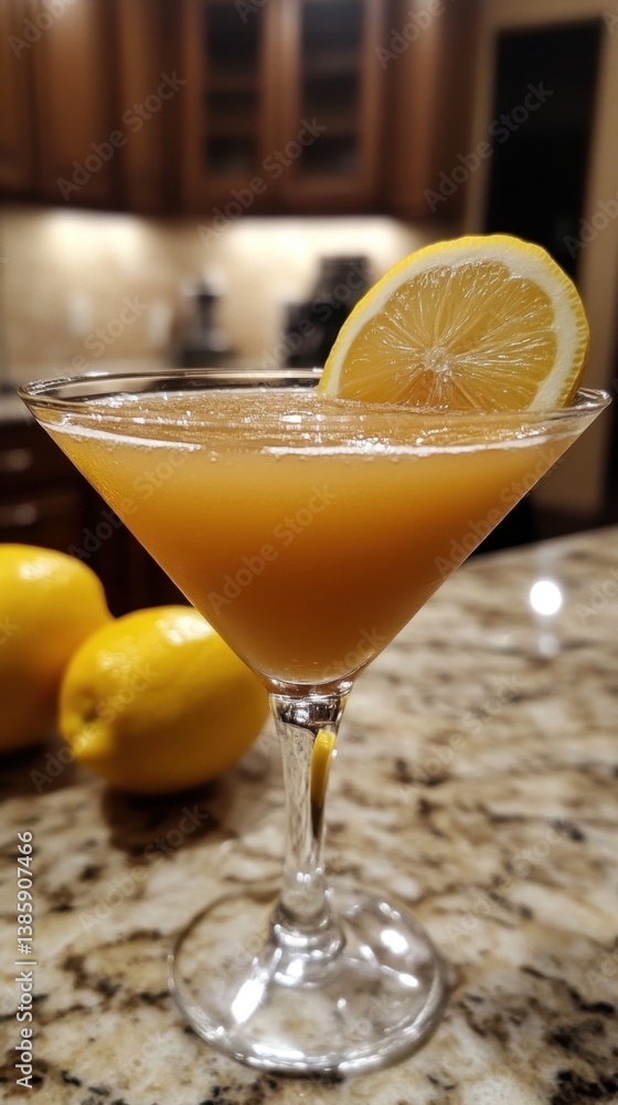 Elegant lemon drop martini cocktail presentation with fresh lemon slice garnish on a granite countertop in warm lighting