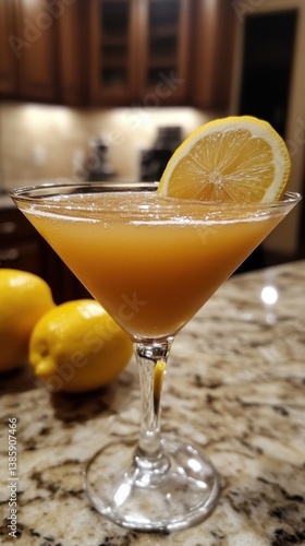 Obraz na płótnie Elegant lemon drop martini cocktail presentation with fresh lemon slice garnish on a granite countertop in warm lighting w salonie